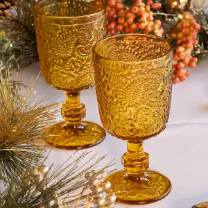 Set of 2 Vintage Luxury Yellow Embossed Drinking Goblet Wine Glasses 300ml