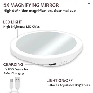 LED Lighted Magnifying Mirror 5X, for Makeup Tweezing Eyebrows,Compact Travel Vanity Bathroom Shaving Mirror