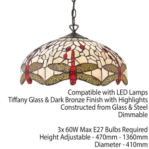 Tiffany Glass Hanging Ceiling Pendant Light Bronze Chain Dragonfly Shade i00106