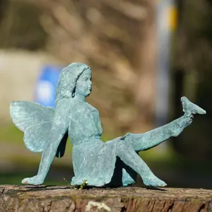 Cast Iron Fairy Statue Cherub Antique Style Verdigris Home Garden Ornament Sculpture