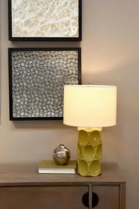 Table Lamp Switched using . Cream Linen Shade Olive Green LED E27 60W