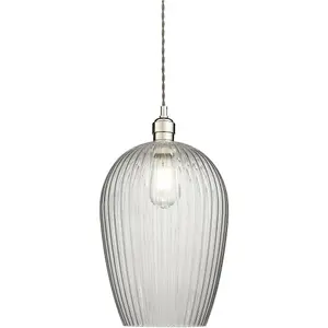 Hanging Ceiling Pendant Light - Bright Nickel Plate & Large Clear Ribbed Glass - 10W LED E27