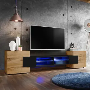 Merano Wide TV Unit with Storage & Led Lighting - Black Gloss / Wotan Oak