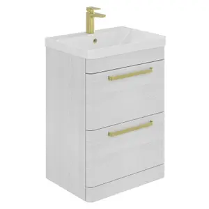 Emery Textured White Floor Standing Bathroom Vanity Unit & Basin Set with Gold Handles (W)60cm (H)86cm