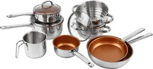 11 Piece Stainless Steel Kitchen Cookware Set - Dishwasher & Oven Safe Set with Copper Non-Stick Coating - Suitable for All Hobs