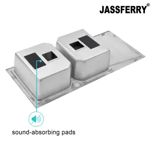 JASSFERRY Brilliant Inset Kitchen Sink 1.2 mm Stainless Steel Double Bowl Right Hand Drainer Square Strainer Plug