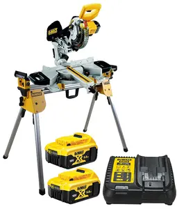 Dewalt DCS365P2 18v Cordless XPS 184mm Mitre Saw, 2 x 5.0ah + DE7033 Leg Stand