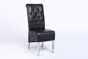 A Pair Black Leather Aire High Tuffted Knocker & Stud High Back Dining Chairs with Solid Chrome Legs