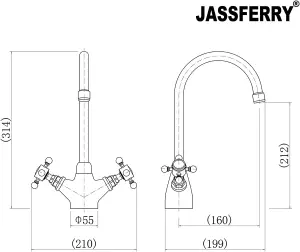 JASSFERRY Kitchen Mixer Tap Monobloc Brass Two Crosshead Lever Swivel Spout Chrome