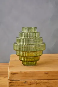 Interiors by Premier Tiered Small Green Glass Vase, Eye Catching Layered Modern Vase, Ribbed Glass Vase, Decorative Vase