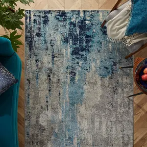 Modern Abstract Graphics Easy to Clean Blue Grey Abstract Rug for Dining Room-80cm X 150cm