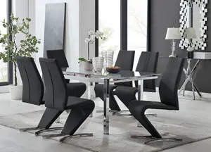 Furniturebox UK 6 Seater Dining Set - Enna White Glass & Chrome Extendable Dining Table & Chairs - 6 Black Leather Willow Chairs