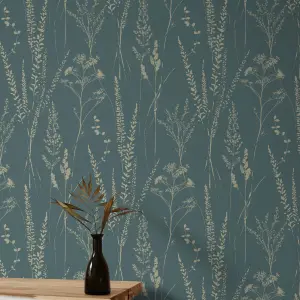 Grandeco Halm Grass & Flower Sprigs Blown Vinyl Wallpaper, Green