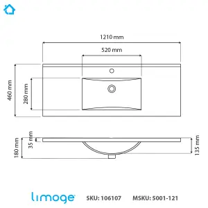 5001 Ceramic 120cm x 45cm Mid-Edge Inset Basin with Scooped Bowl