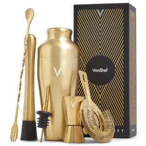 VonShef Cocktail Shaker Set Brushed Gold, 550ml Parisian Shaker, 6pc Home Bar/Bartender Set - Strainer, Muddler, Jigger & Gift Box