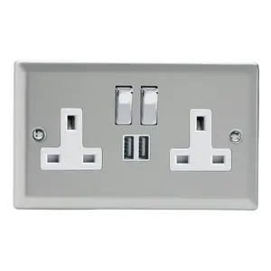 Varilight 2-Gang 13A Single Pole Switched Socket + 2x5V DC 2100mA USB Charging Ports  Satin