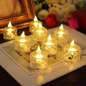 Set of 12 Clear Faceted LED Tealights - Battery Powered Faux Light Up Flame-Free Candle Lights Home Decoration - Each H5 x 3.8cm