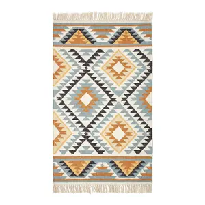 Homescapes Agra Handwoven Ochre Gold, Silver Grey and Black Diamond Pattern Kilim Wool Rug, 90 x 150 cm