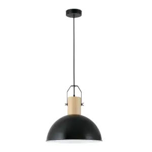 Luminosa Margot 1 Light Dome Ceiling Pendant Black, Wood, E27