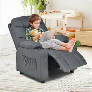 COSTWAY Kids Single Sofa Chair PU Leather Children Armchair Recliner with Cup Holders