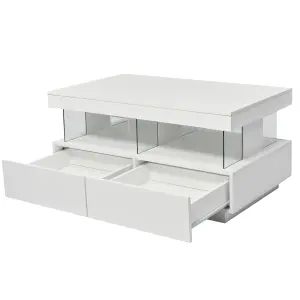 High Gloss Tea Table with 16-Color LED Lights, with 2 Drawers and Open Storage Space, White