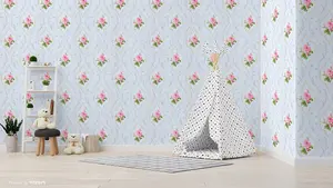 SK Filson Blue & Pink Floral Wallpaper