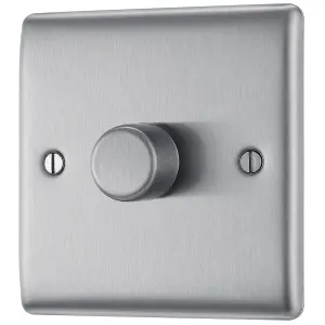 BG Raised slim Silver Steel effect 1 gang profile Single 200W Dimmer switch