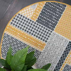 Yellow Ochre Grey Floral Patchwork Living Room Round Circular Mat 160x160cm