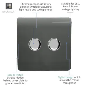 Trendi Switch 2 Gang 1 or 2 way 150w Rotary LED Dimmer Light Switch in Charcoal