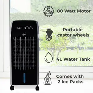 Neo Black 4 Litre 80W Oscillating Portable Evaporative Cooler Fan with Remote