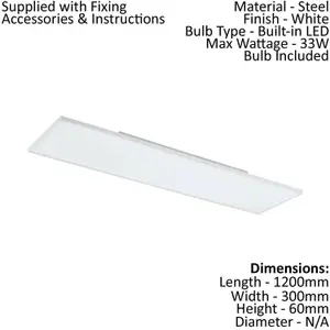 Wall / Ceiling Light White 1200mm Slim Strip Panel 33W Built in LED 4000K