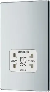 BG FPC20W Nexus Screwless Flat-Plate Shaver Socket Outlet Polished Chrome White Insert Dual Voltage 115V - 230V