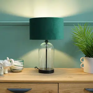 ValueLights Jessy Glass and Black Metal Bedside Table Lamp with a Forest Green Velvet Lampshade