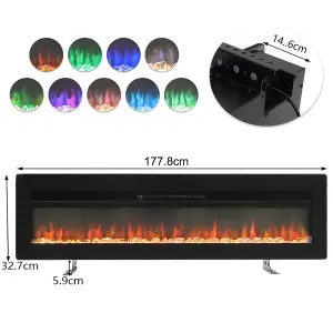 Black Electric Fire Wall Mounted or Inset Fireplace 12 Flame Color Adjustable with Freestanding Legs 70 Inch