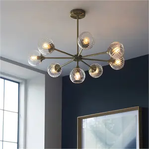 Multi Arm Hanging Ceiling Pendant Light - Antique Brass Plate & Clear Spiral Glass - 8 X 7W LED E14