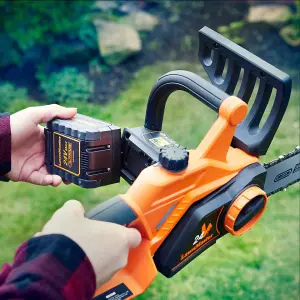 LawnMaster MX 24V 25cm Cordless Chainsaw with 4.0Ah battery, fast charger, toolless chain tension and automatic oiling system