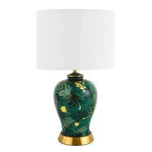 Vivid Emerald Green Ceramic Table Lamp Base with Gold Foil Flowers and Splashes