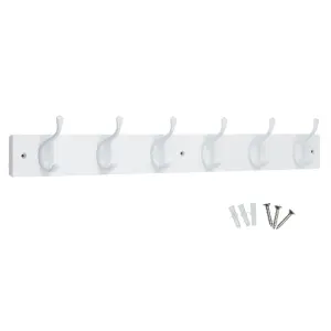 keypak 6 White Coat Hooks on White Wooden Board - 68cm Modern Wall Mounted Coat Rack Clothes Hanger