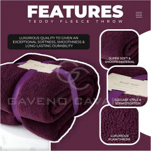 GC GAVENO CAVAILIA Teddy Bear Aubergine Light Weight Sherpa Fleece Faux Fur Sofa Throw Super Soft Warm Cosy King Bed Blanket