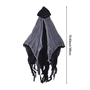 Halloween Black Linen Phantom Costume Skeleton Cloak