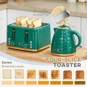 HOMCOM Kettle and Toaster Set 1.7L Rapid Boil Kettle & 4 Slice Toaster Green