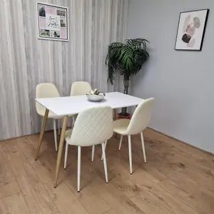 Wooden Dining Table with 4 Cream Gem Patterned Chairs White Table with Cream Chairs