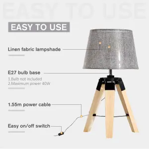 HOMCOM Wooden Tripod Table Lamp for Side, Desk or End Tables with E27 Bulb Base(Grey Shade)