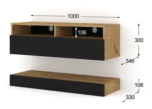 Duo Wall Hung TV Cabinet and Shelf Set in Oak Artisan and Black 1600mm