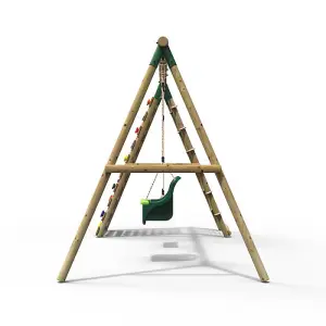 Rebo Wooden Swing Set with Up and Over Climbing Wall - Kai Green