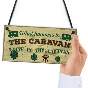 Red Ocean What Happens In The Caravan Campervan Novelty Shabby Chic Camping Holiday Door Sign Plaque