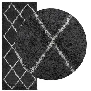 Shaggy Rug PAMPLONA High Pile Modern Black and Cream 80x200 cm