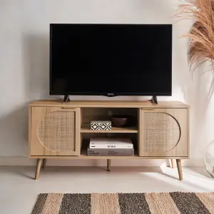 sweeek. Wood and rounded cane rattan TV stand Eva Natural 120x39x56.5 cm