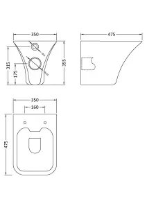 Rimless Wall Hung Ceramic Toilet Pan & Soft Close Seat, 355mm