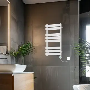 Rinse Bathrooms 800x450mm White Designer Flat Panel Electric Heated Towel Rail Thermostatic Timer Bathroom Towel Radiator 400W